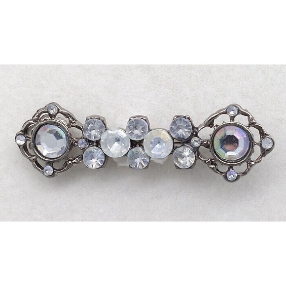 Aurora Borealis Clear Rhinestone Bar Brooch Pin Ornate Gunmetal Tone Vintage - Picture 6 of 12
